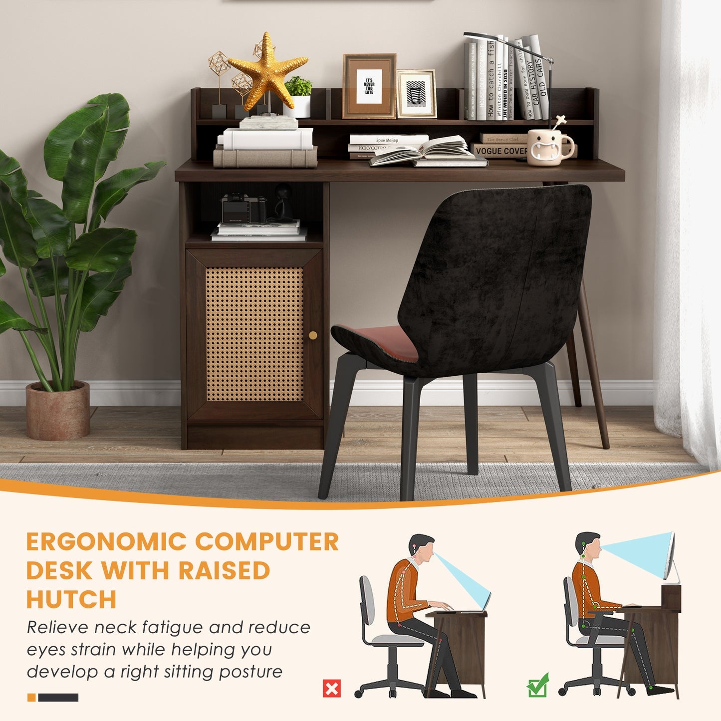 48 Inch Computer Desk with Hutch and PE Rattan Cabinet Shelves-Walnut Kids Crystal