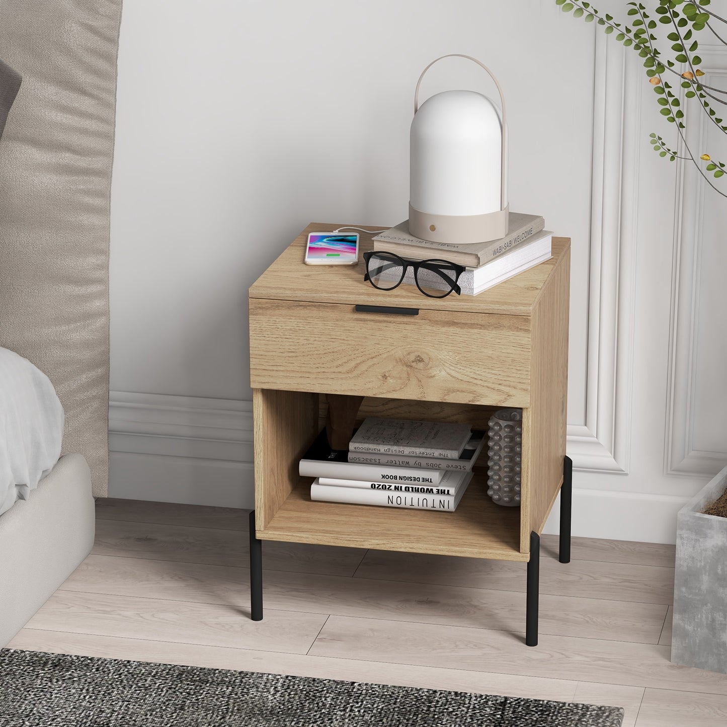 Modern Nightstand with Charging Station-Natural Kids Crystal