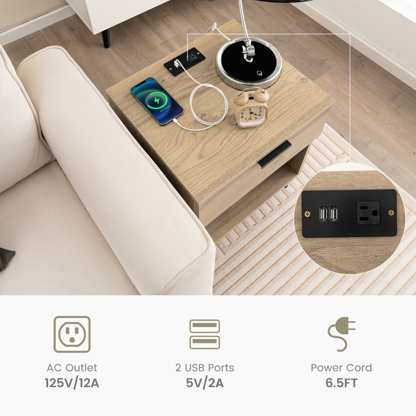 Modern Nightstand with Charging Station-Natural Kids Crystal