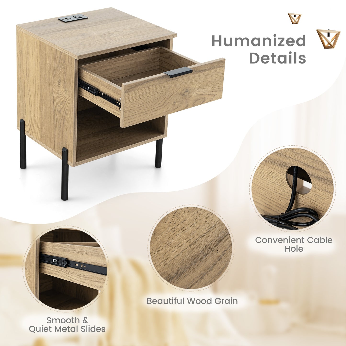 Modern Nightstand with Charging Station-Natural Kids Crystal