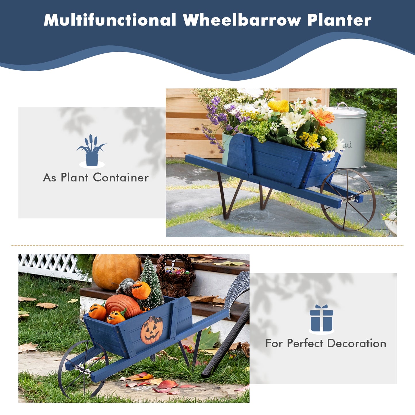 Wooden Wagon Planter with 9 Magnetic Accessories for Garden Yard-Blue Kids Crystal