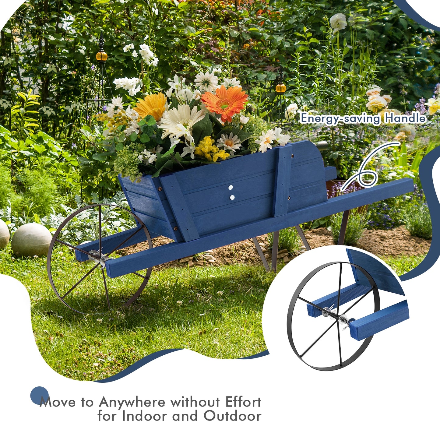 Wooden Wagon Planter with 9 Magnetic Accessories for Garden Yard-Blue Kids Crystal
