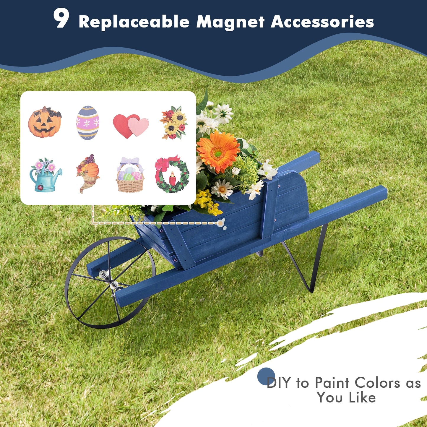 Wooden Wagon Planter with 9 Magnetic Accessories for Garden Yard-Blue Kids Crystal