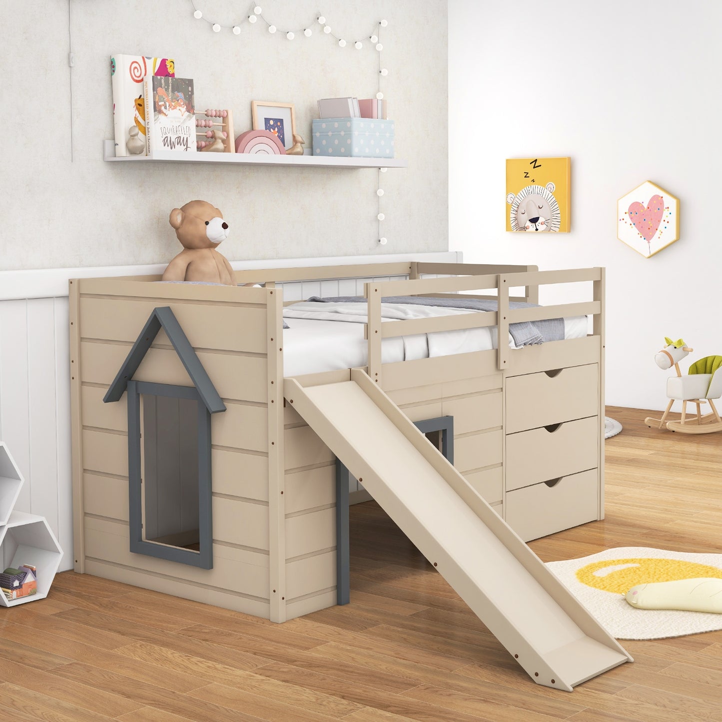 3-In-1 Twin Loft Bed with Slide Ladder Drawers for Kids Teens-Beige Kids Crystal