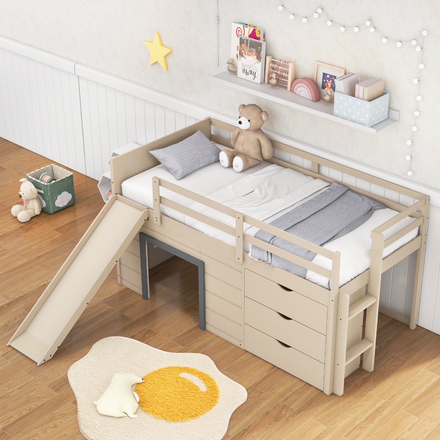 3-In-1 Twin Loft Bed with Slide Ladder Drawers for Kids Teens-Beige Kids Crystal