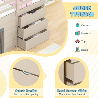 3-In-1 Twin Loft Bed with Slide Ladder Drawers for Kids Teens-Beige