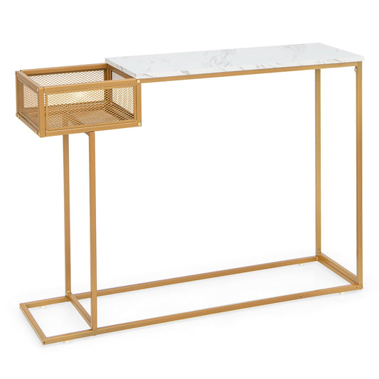 Rectangular White Faux Marble Console Table with Storage-Gold Kids Crystal