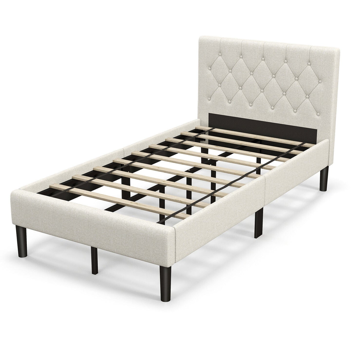 Twin Size Upholstered Platform Bed with Button Tufted Headboard-Beige Kids Crystal
