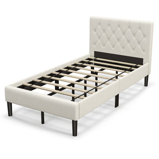 Twin Size Upholstered Platform Bed with Button Tufted Headboard-Beige Kids Crystal