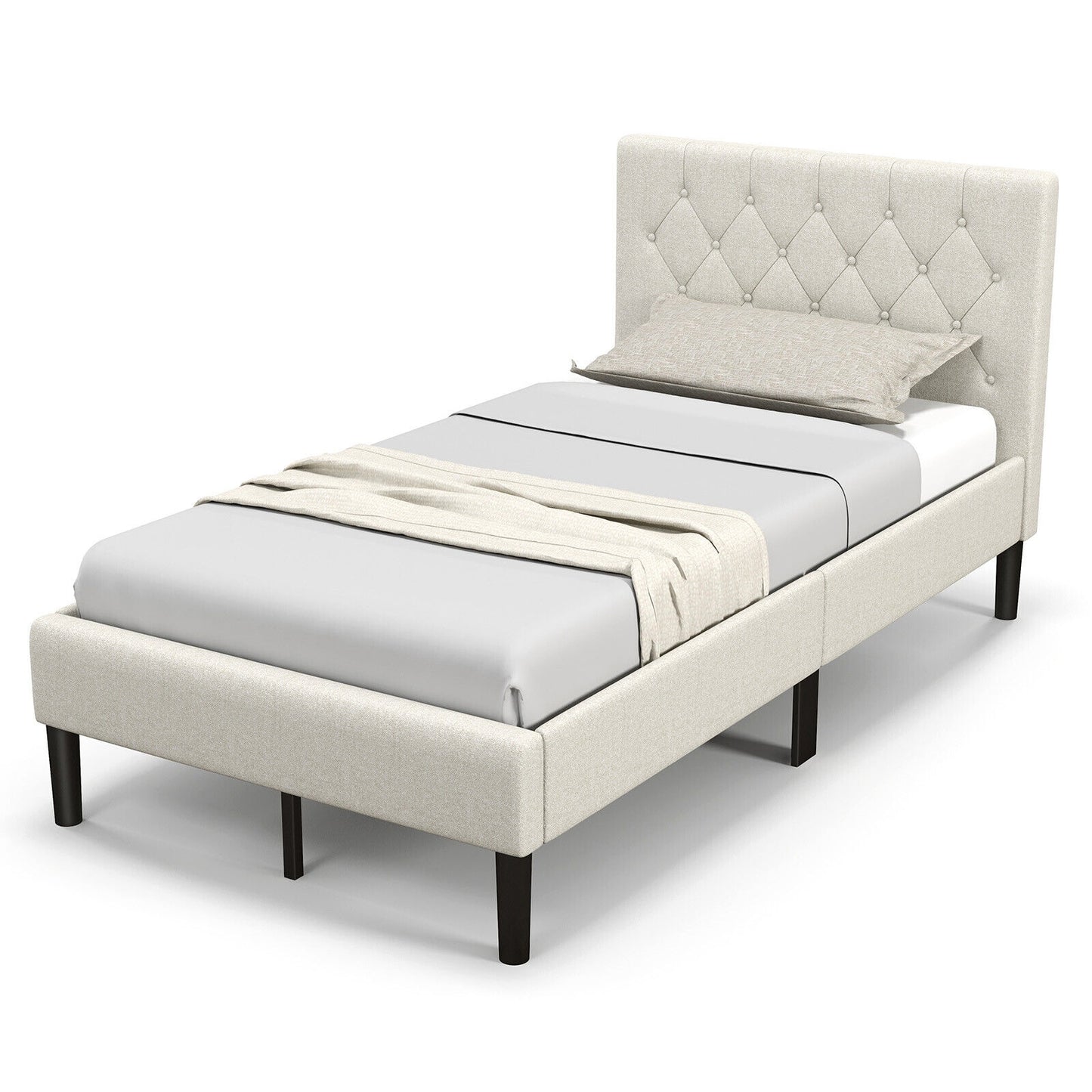Twin Size Upholstered Platform Bed with Button Tufted Headboard-Beige Kids Crystal
