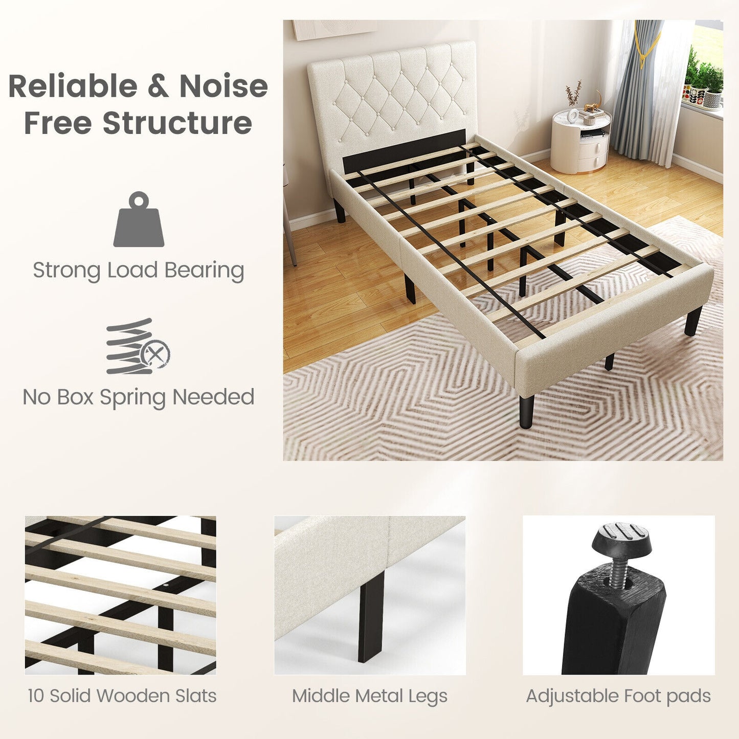 Twin Size Upholstered Platform Bed with Button Tufted Headboard-Beige Kids Crystal