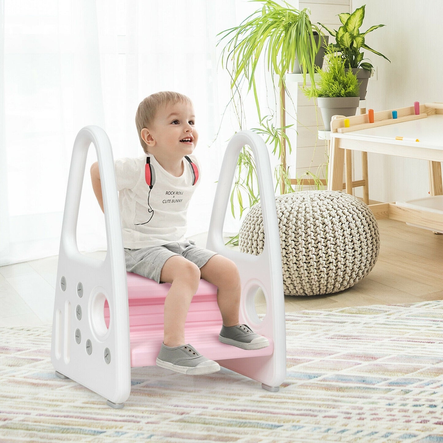 Kids Step Stool Learning Helper with Armrest for Kitchen Toilet Potty Training-Pink