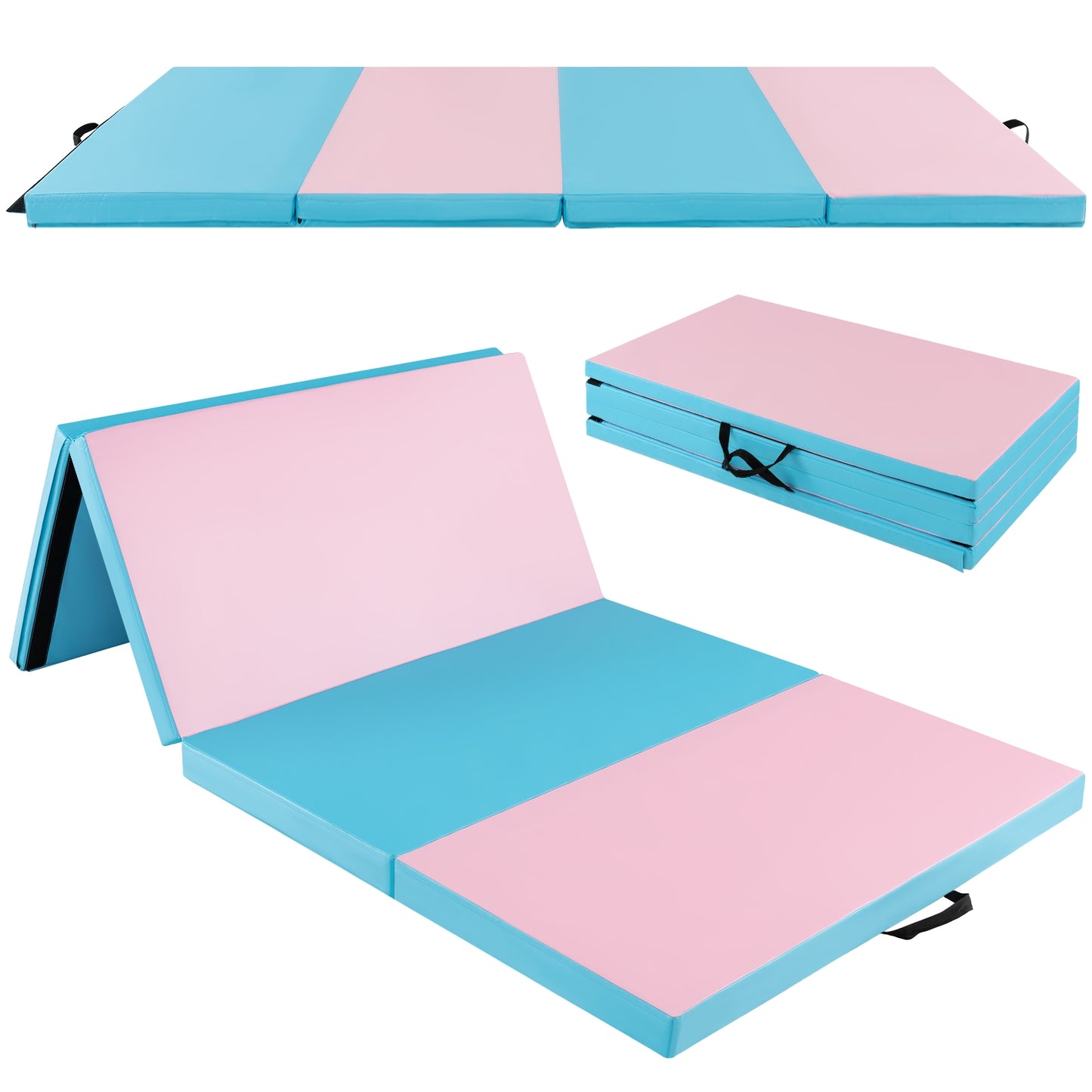 Folding Gymnastics Mat with Carry Handles and Sweatproof Detachable PU Leather Cover-Blue Kids Crystal