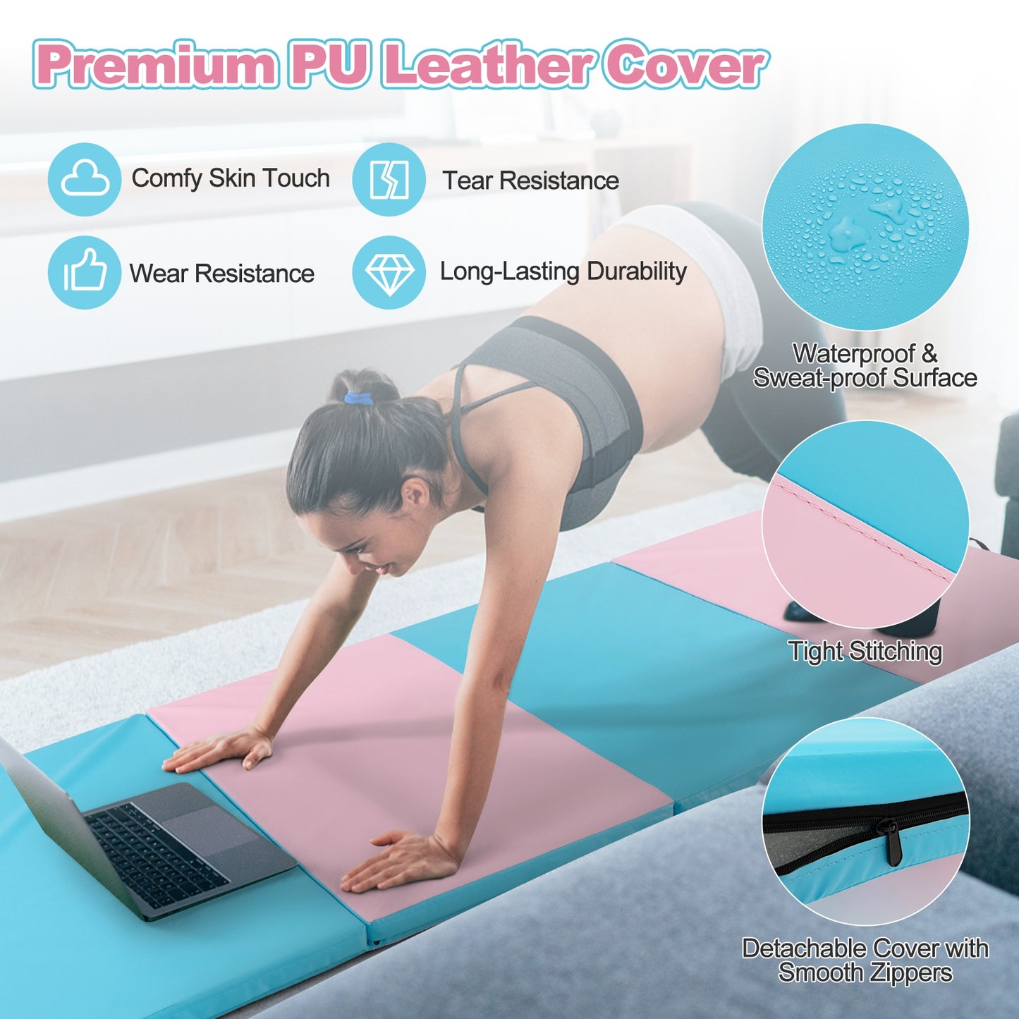 Folding Gymnastics Mat with Carry Handles and Sweatproof Detachable PU Leather Cover-Blue Kids Crystal