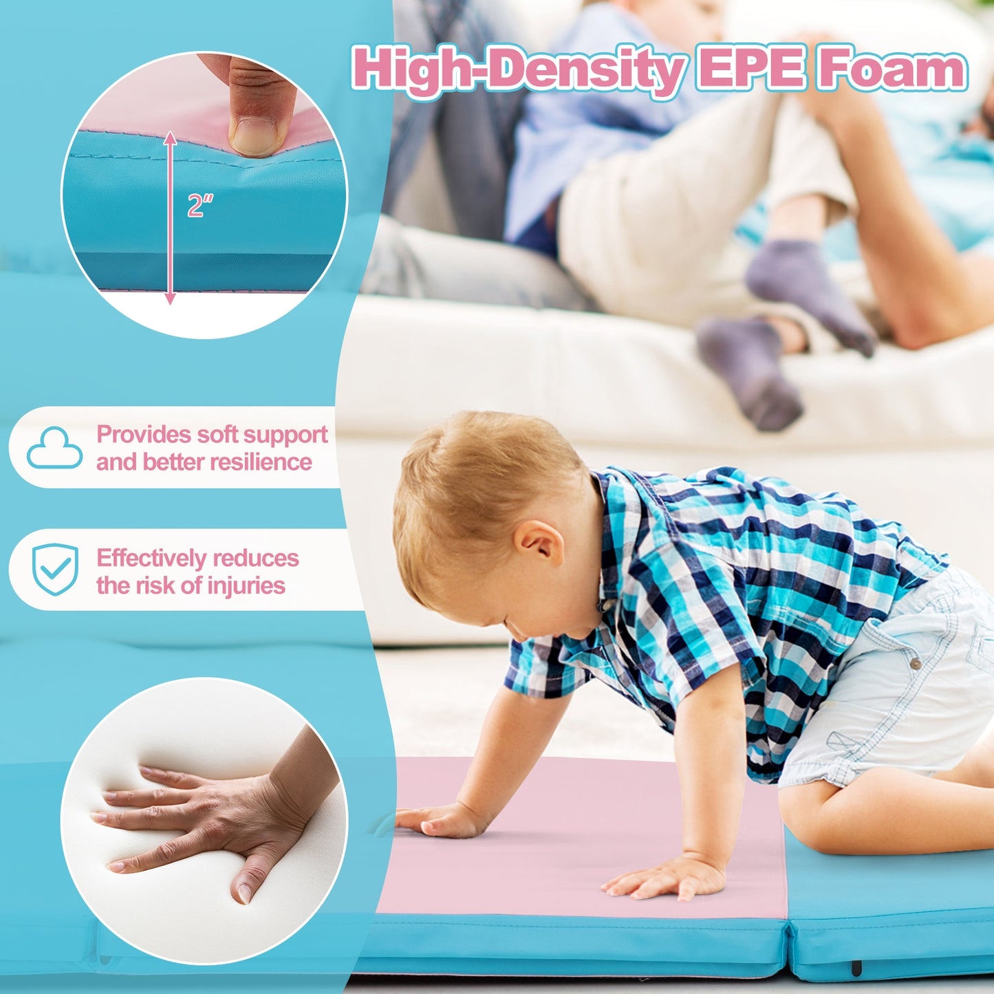 Folding Gymnastics Mat with Carry Handles and Sweatproof Detachable PU Leather Cover-Blue Kids Crystal