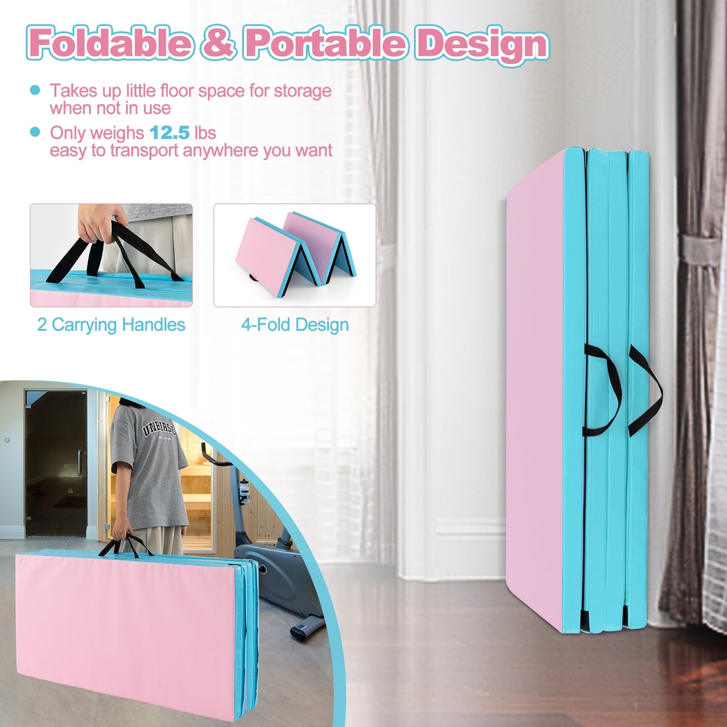 Folding Gymnastics Mat with Carry Handles and Sweatproof Detachable PU Leather Cover-Blue Kids Crystal