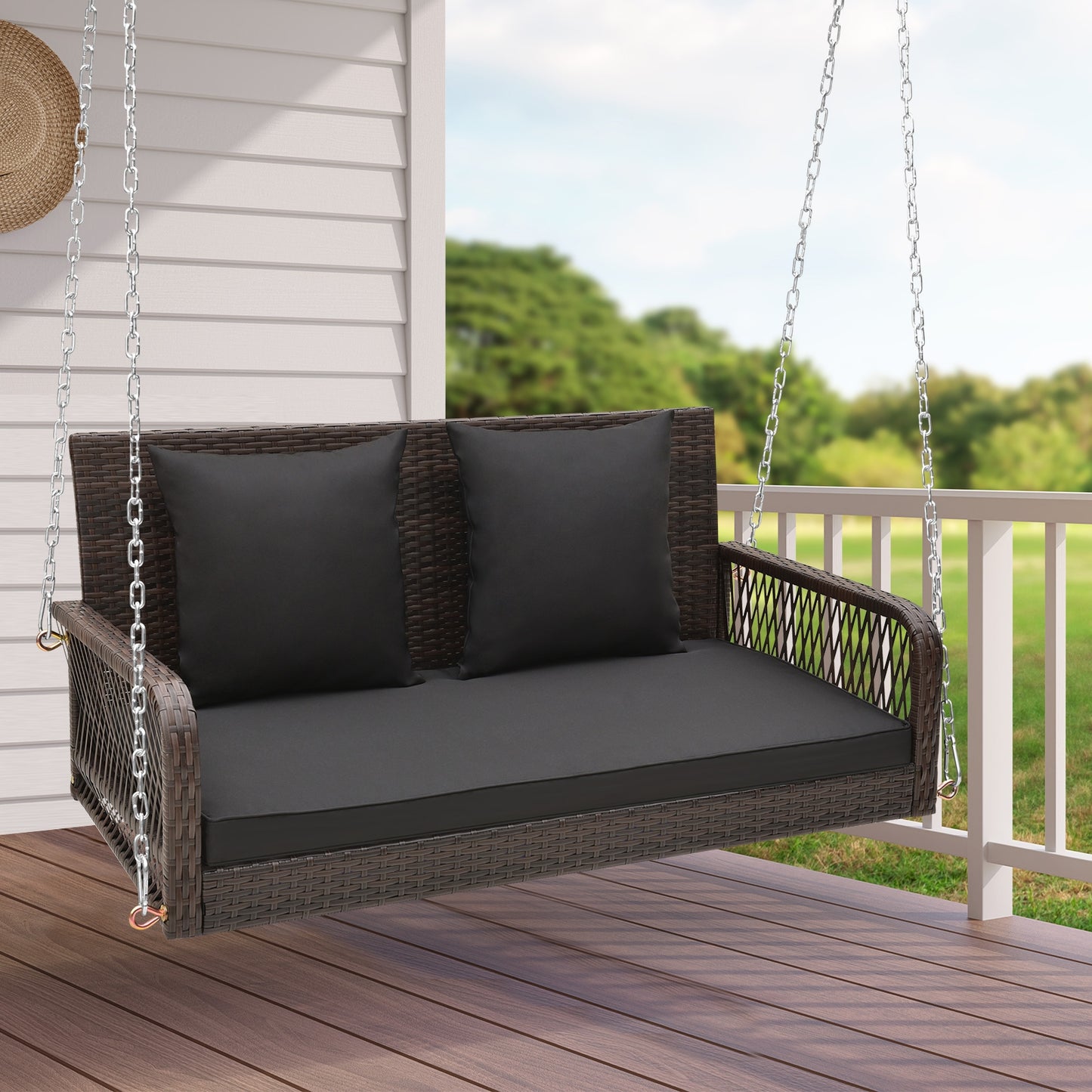 2-Person Outdoor Wicker Porch Swing with Seat and Back Cushions-Black Kids Crystal