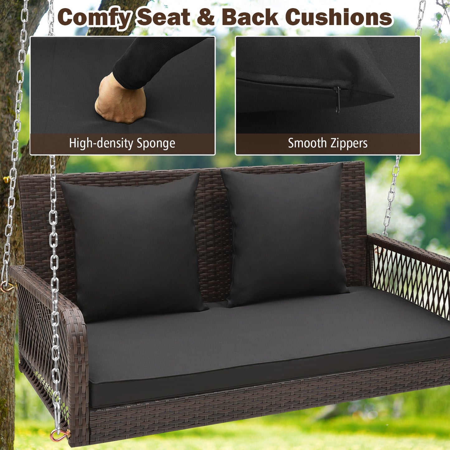 2-Person Outdoor Wicker Porch Swing with Seat and Back Cushions-Black Kids Crystal