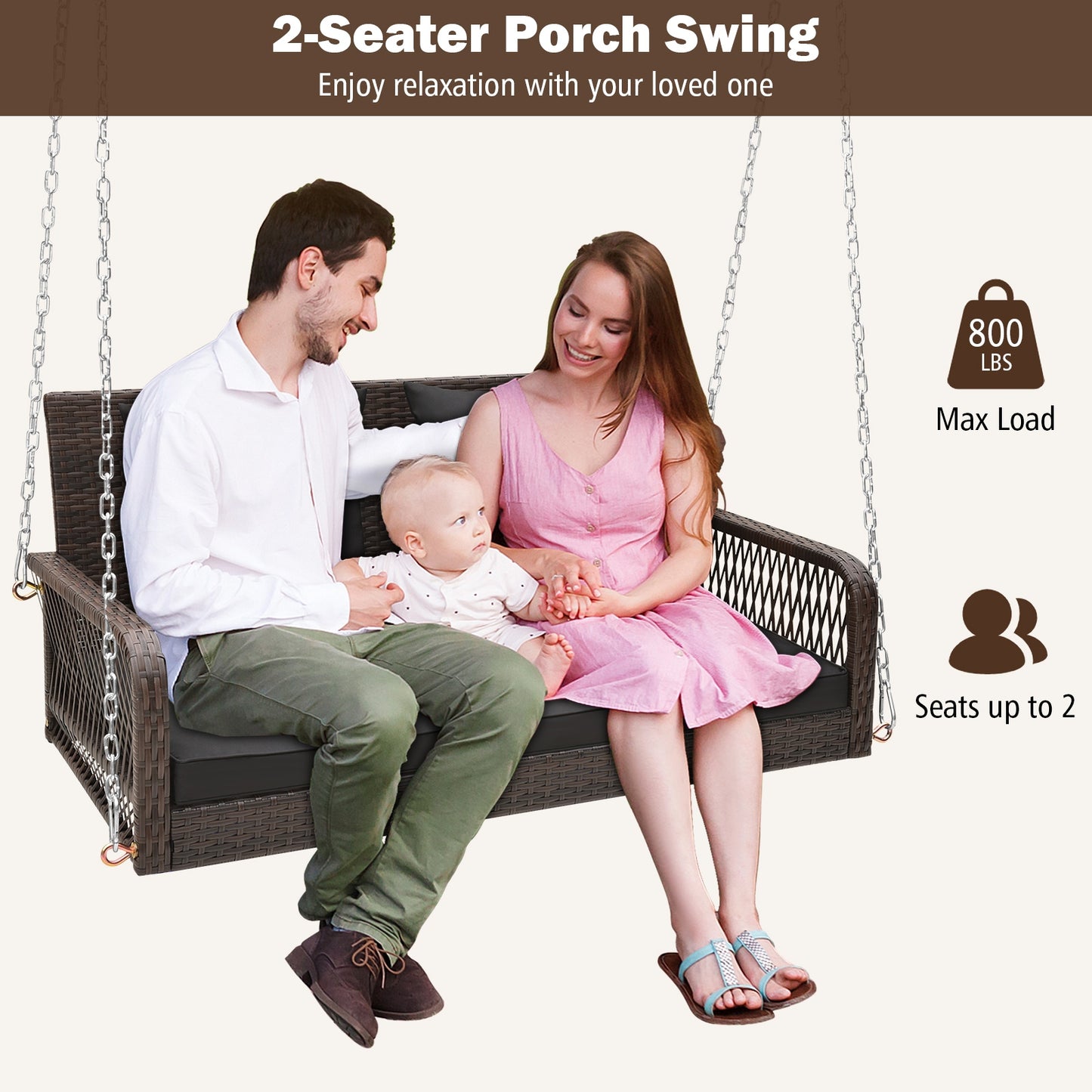 2-Person Outdoor Wicker Porch Swing with Seat and Back Cushions-Black Kids Crystal