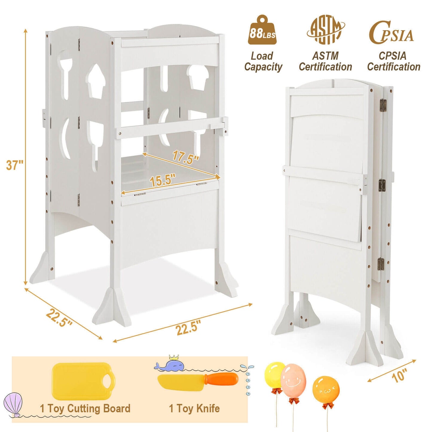 Folding Wooden Step Stool with Lockable Safety Rail for Toddler 3+-White
