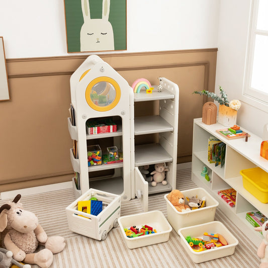 Multipurpose Toy Chest and Bookshelf with Mobile Trolley-Gray Kids Crystal