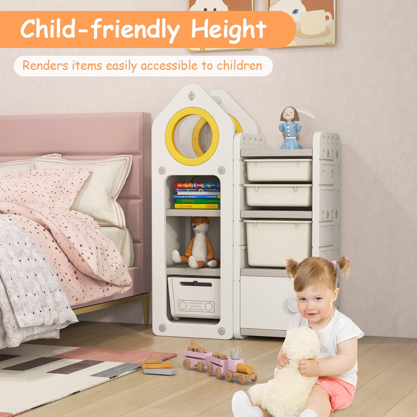 Multipurpose Toy Chest and Bookshelf with Mobile Trolley-Gray Kids Crystal
