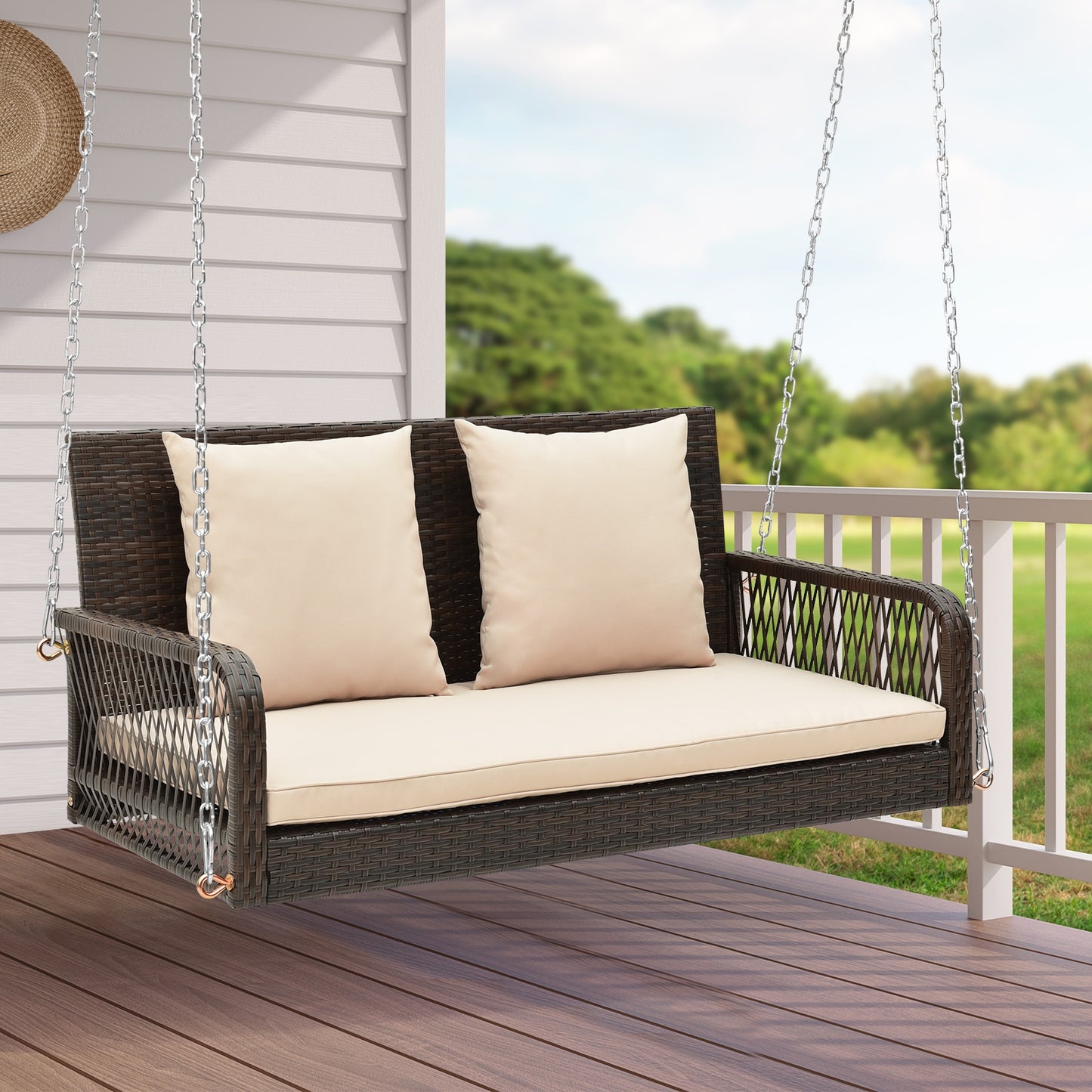2-Person Outdoor Wicker Porch Swing with Seat and Back Cushions-Beige Kids Crystal