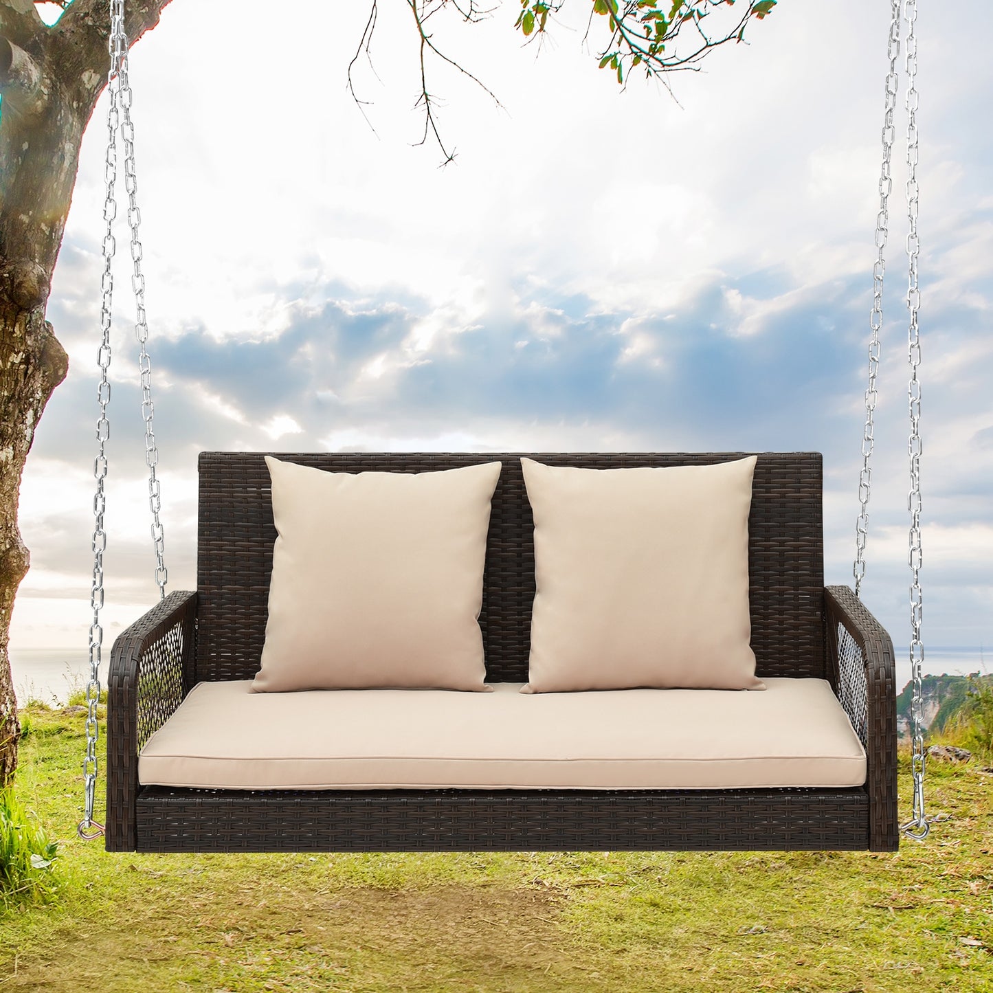 2-Person Outdoor Wicker Porch Swing with Seat and Back Cushions-Beige Kids Crystal