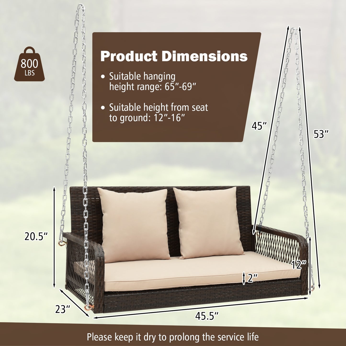 2-Person Outdoor Wicker Porch Swing with Seat and Back Cushions-Beige Kids Crystal