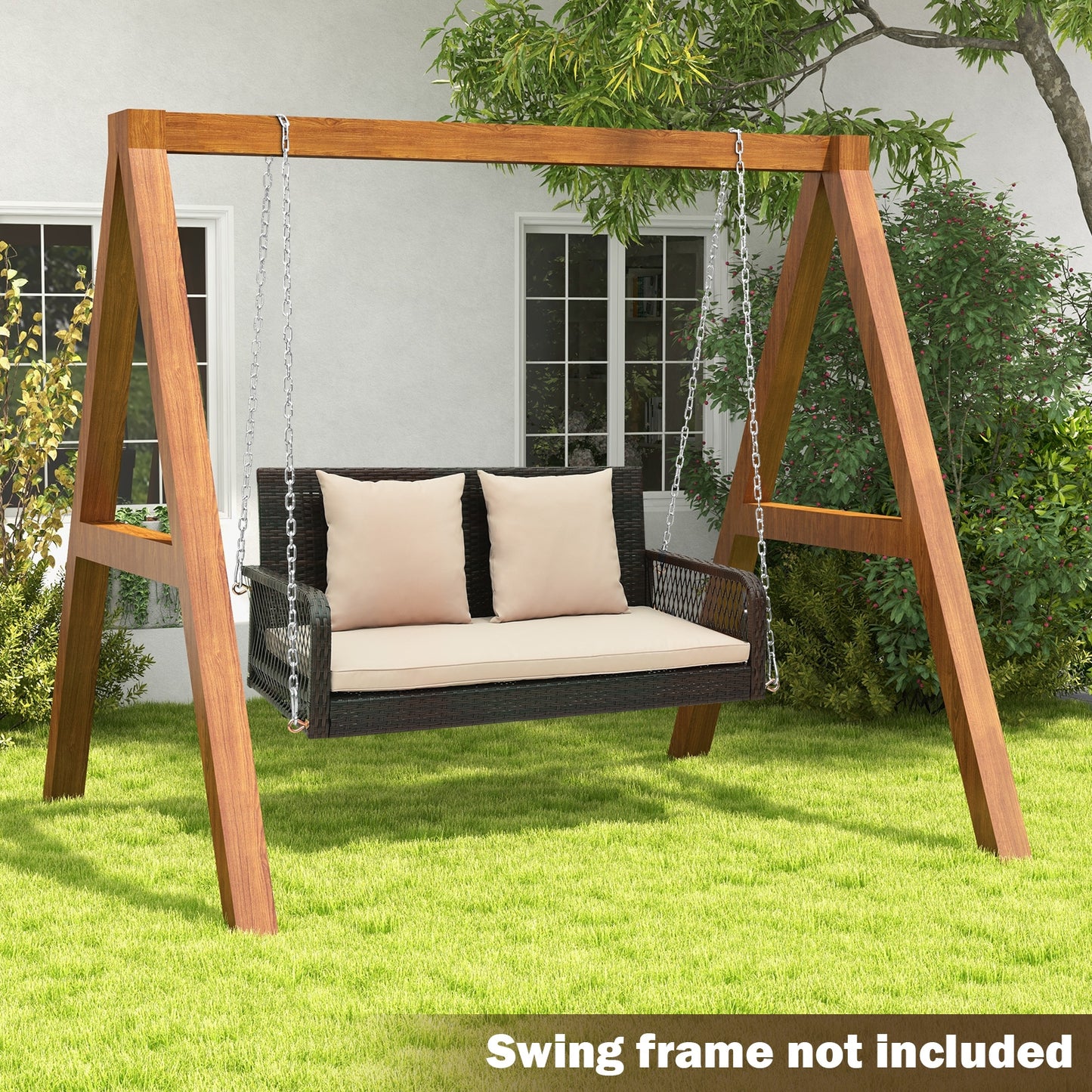 2-Person Outdoor Wicker Porch Swing with Seat and Back Cushions-Beige Kids Crystal