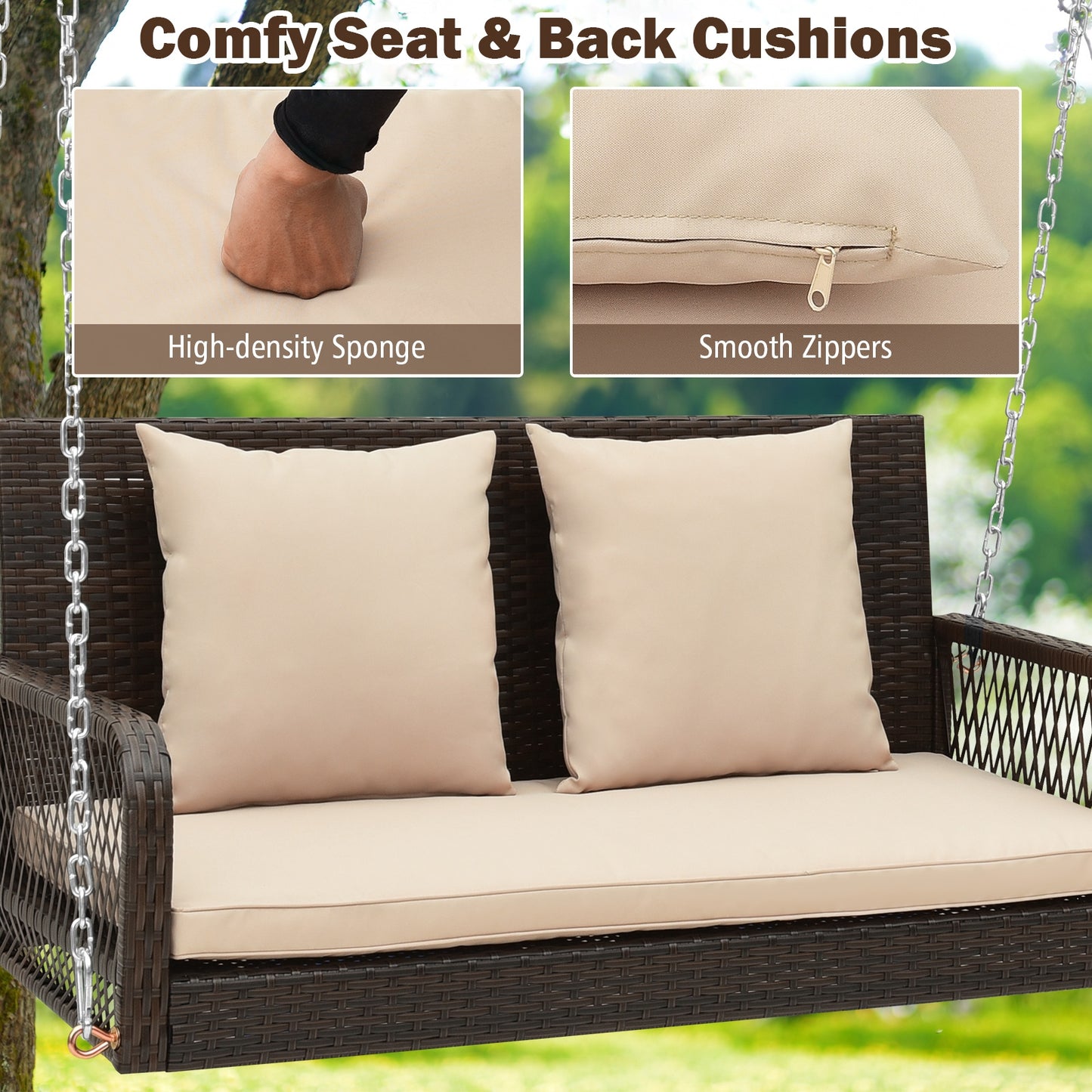 2-Person Outdoor Wicker Porch Swing with Seat and Back Cushions-Beige Kids Crystal