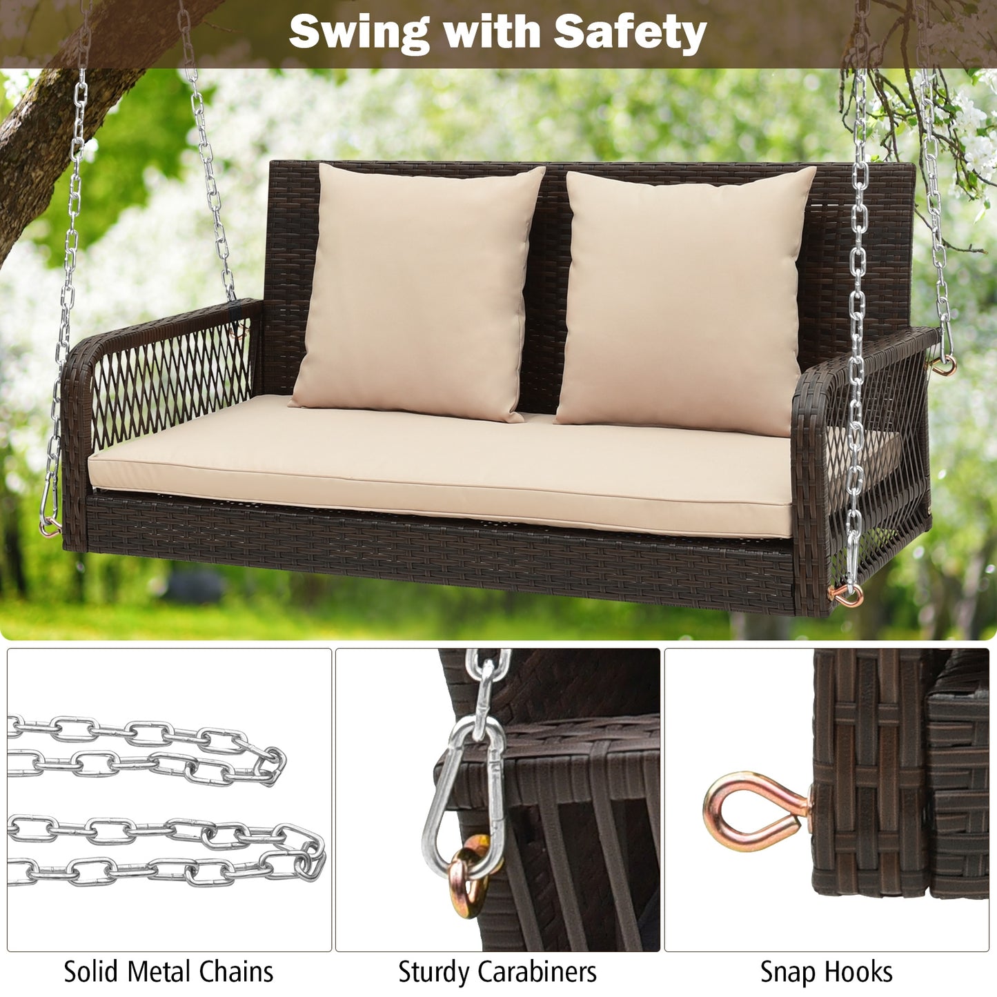 2-Person Outdoor Wicker Porch Swing with Seat and Back Cushions-Beige Kids Crystal