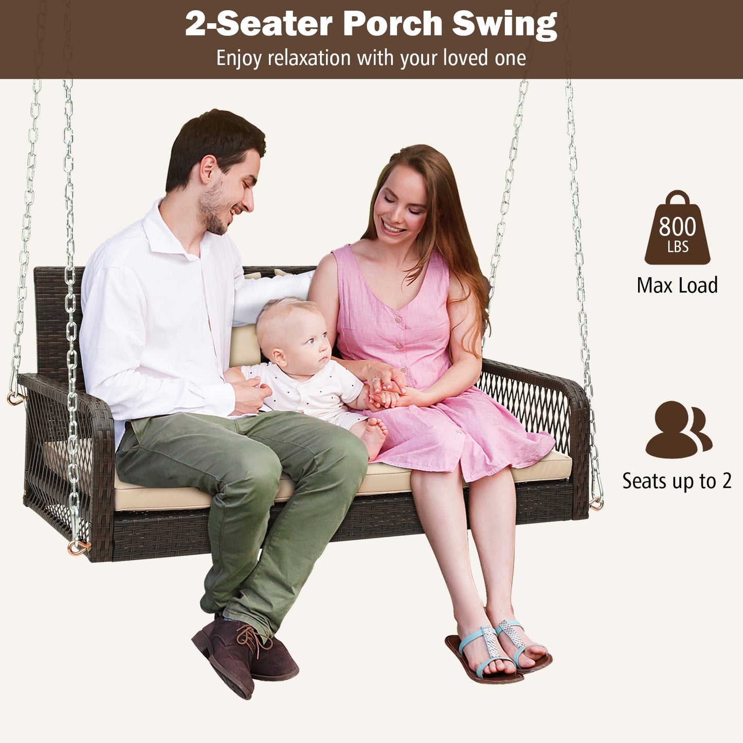 2-Person Outdoor Wicker Porch Swing with Seat and Back Cushions-Beige Kids Crystal