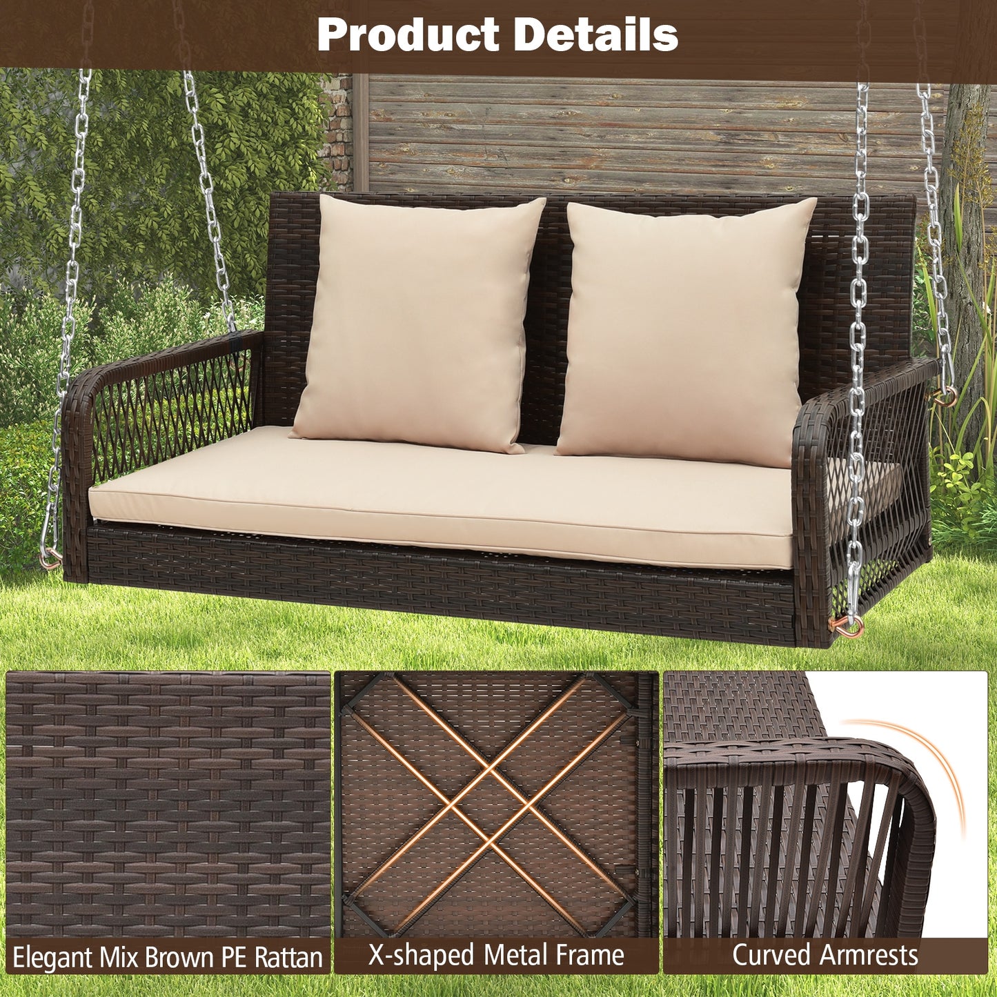 2-Person Outdoor Wicker Porch Swing with Seat and Back Cushions-Beige Kids Crystal