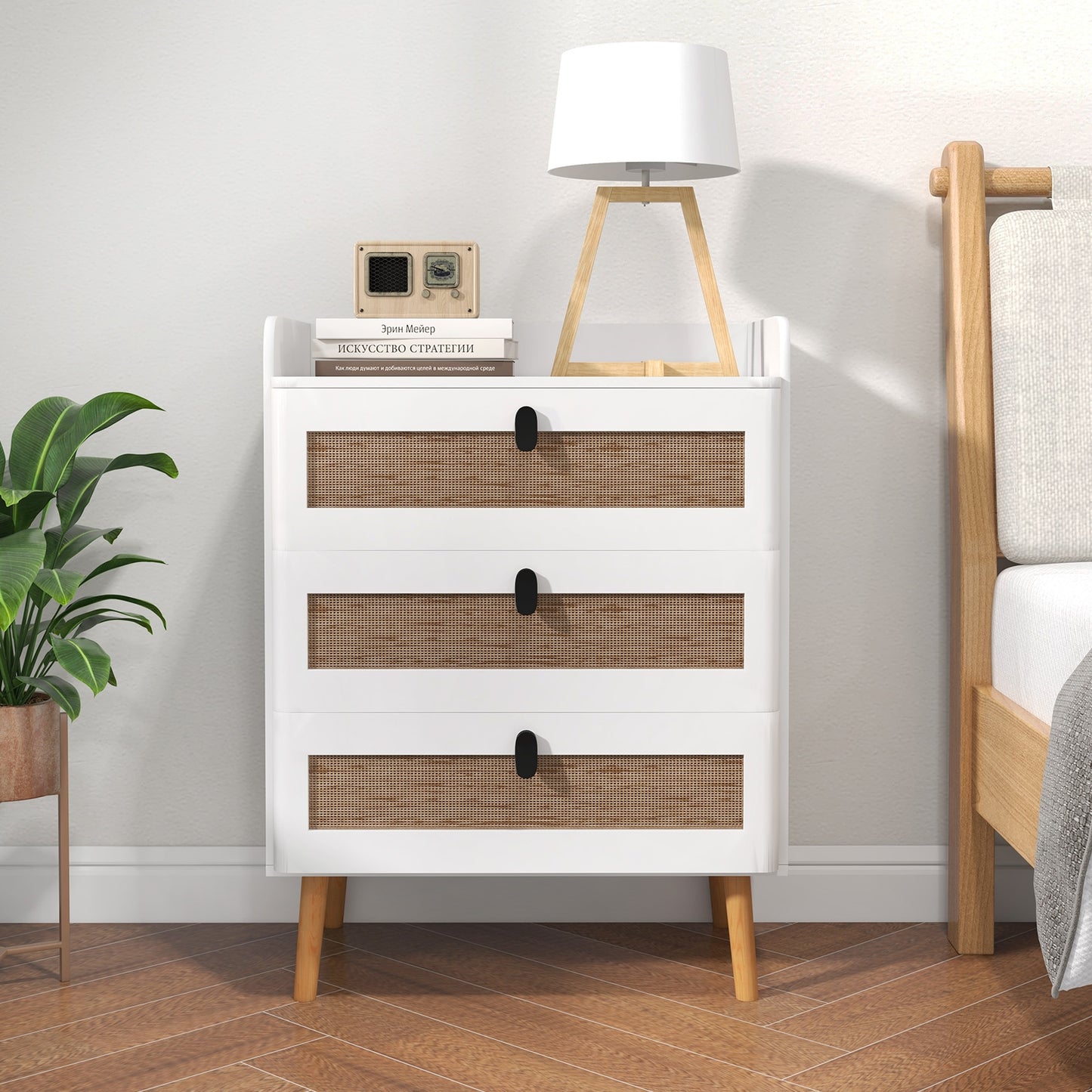 Modern End Table with 3 Rattan Decorated Drawers-White Kids Crystal