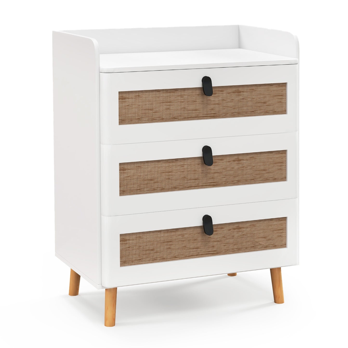 Modern End Table with 3 Rattan Decorated Drawers-White Kids Crystal