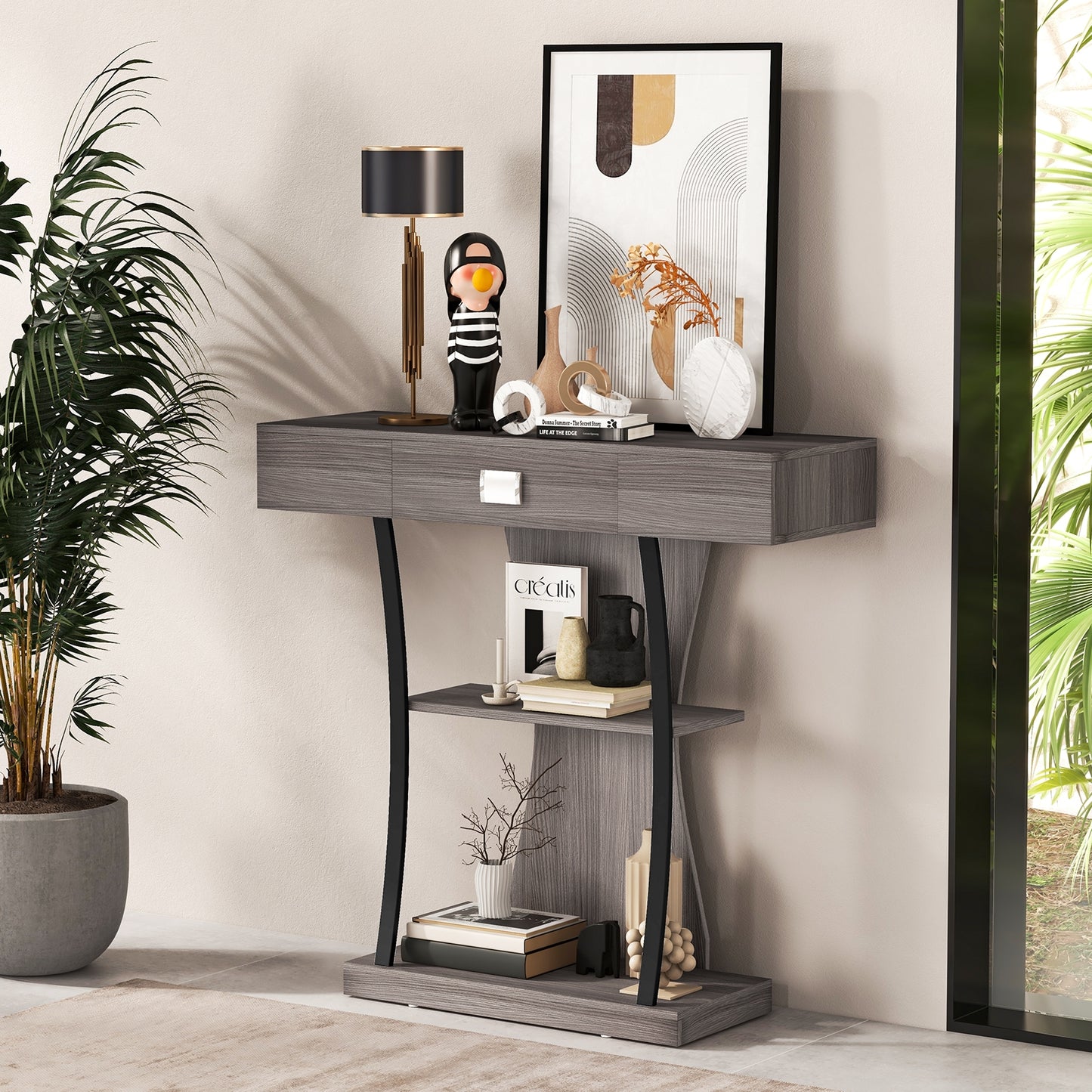 Console Table with Drawer and 2-Tier Shelves for Entryway Living Room-Gray Kids Crystal
