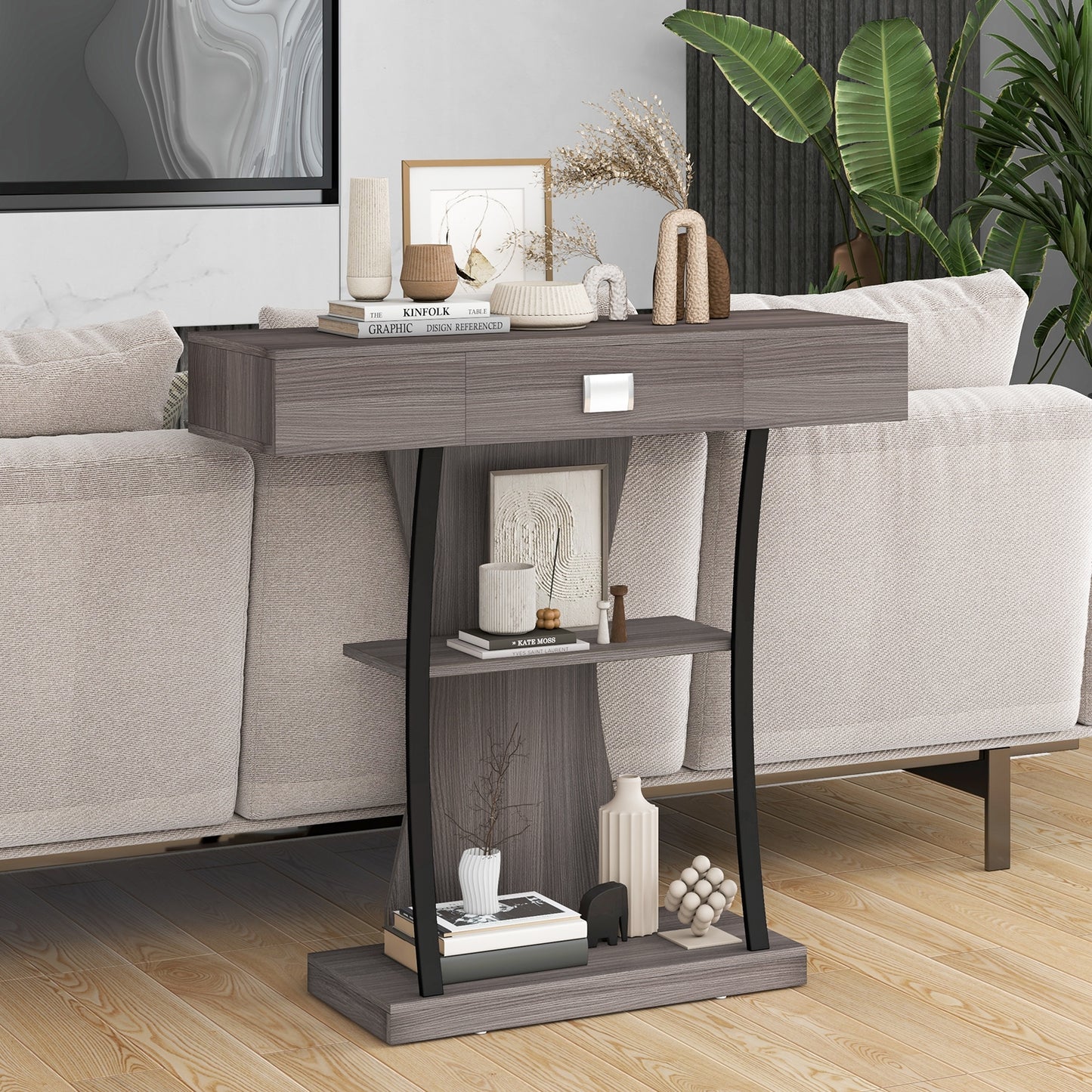 Console Table with Drawer and 2-Tier Shelves for Entryway Living Room-Gray Kids Crystal