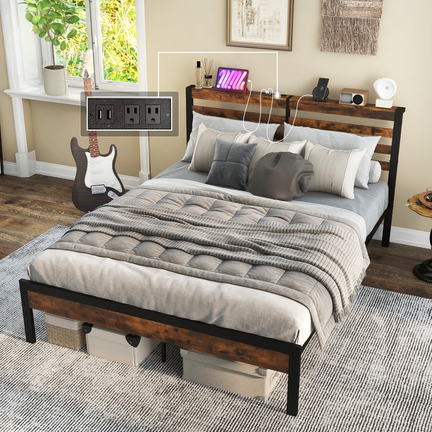 Full/Queen Size Bed Frame with Charging Station and Storage Headboard-Full Size Kids Crystal