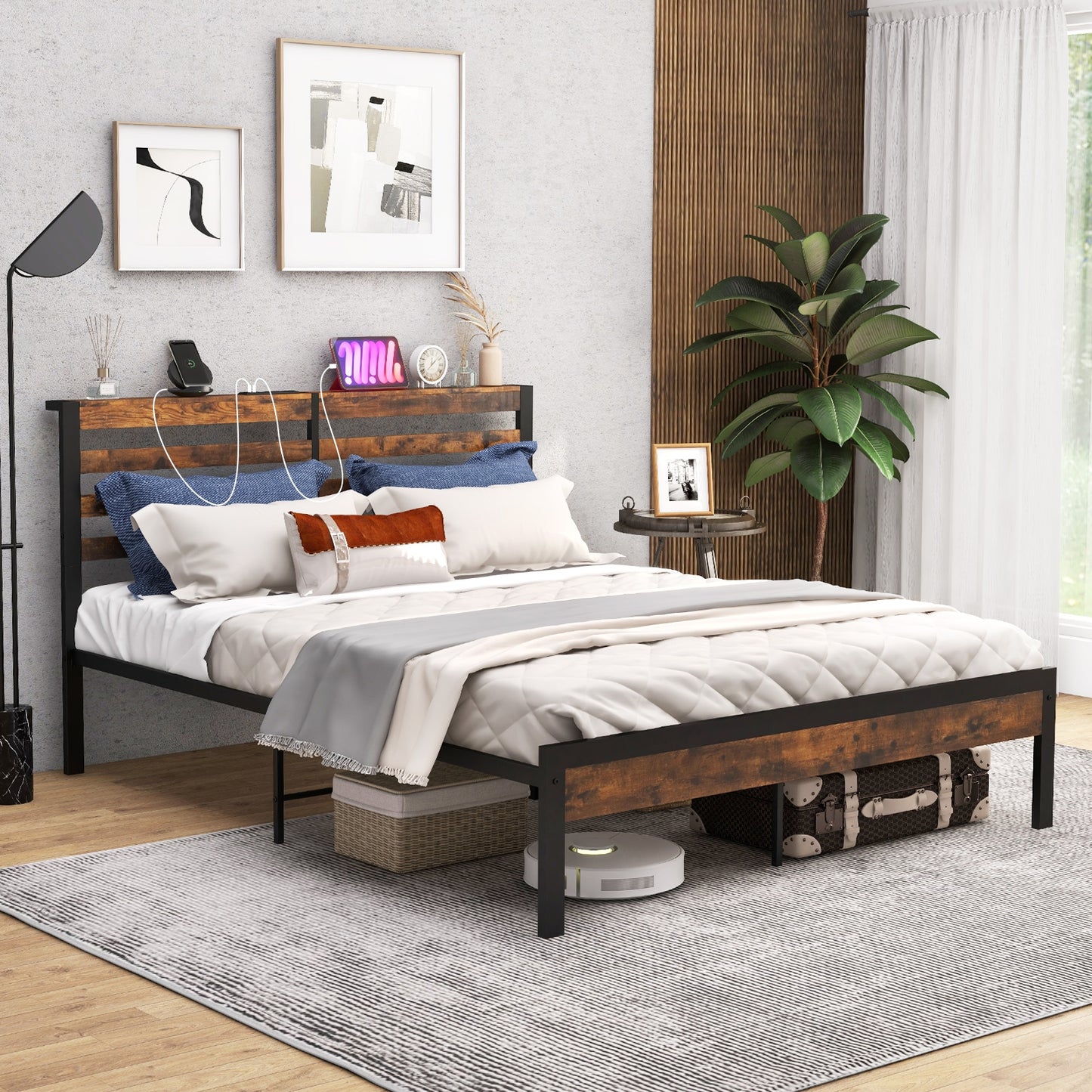 Full/Queen Size Bed Frame with Charging Station and Storage Headboard-Full Size Kids Crystal