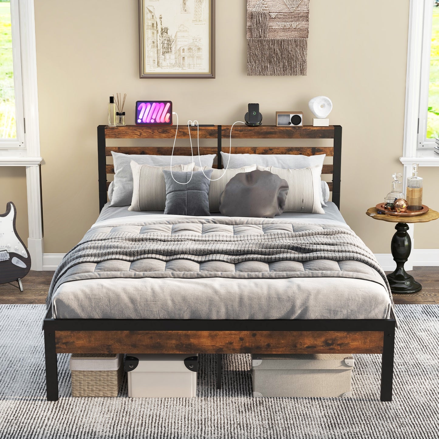 Full/Queen Size Bed Frame with Charging Station and Storage Headboard-Full Size Kids Crystal