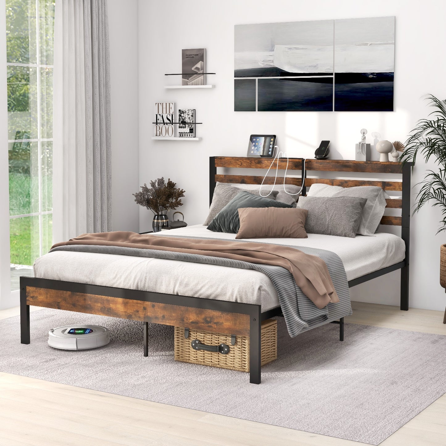 Full/Queen Size Bed Frame with Charging Station and Storage Headboard-Full Size Kids Crystal