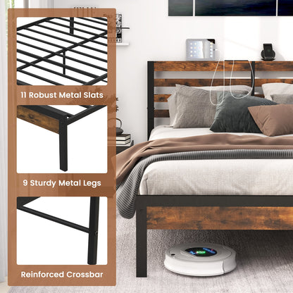 Full/Queen Size Bed Frame with Charging Station and Storage Headboard-Queen Size