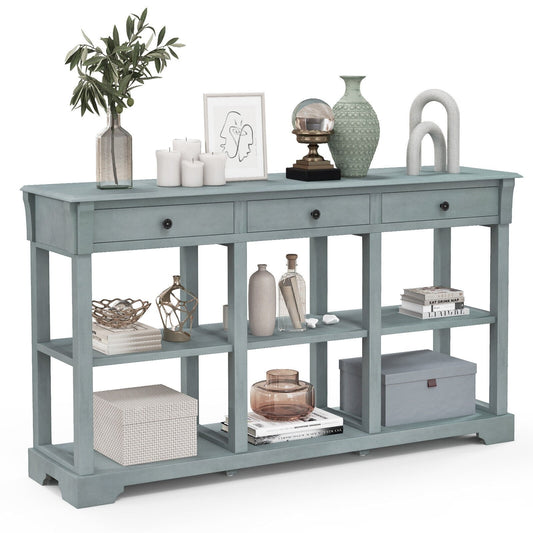 58 Inch Retro Console Table with 3 Drawers and Open Shelves Rectangular Entryway Table-Blue Kids Crystal