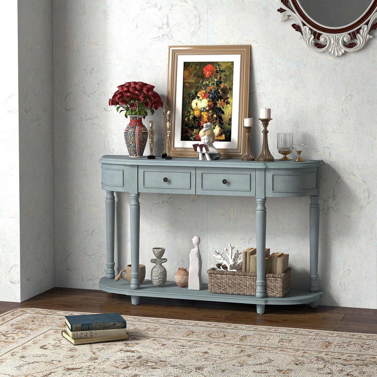 52 Inch Retro Console Table with 2 Drawers and Open Shelf Entryway Sofa Table-Blue Kids Crystal