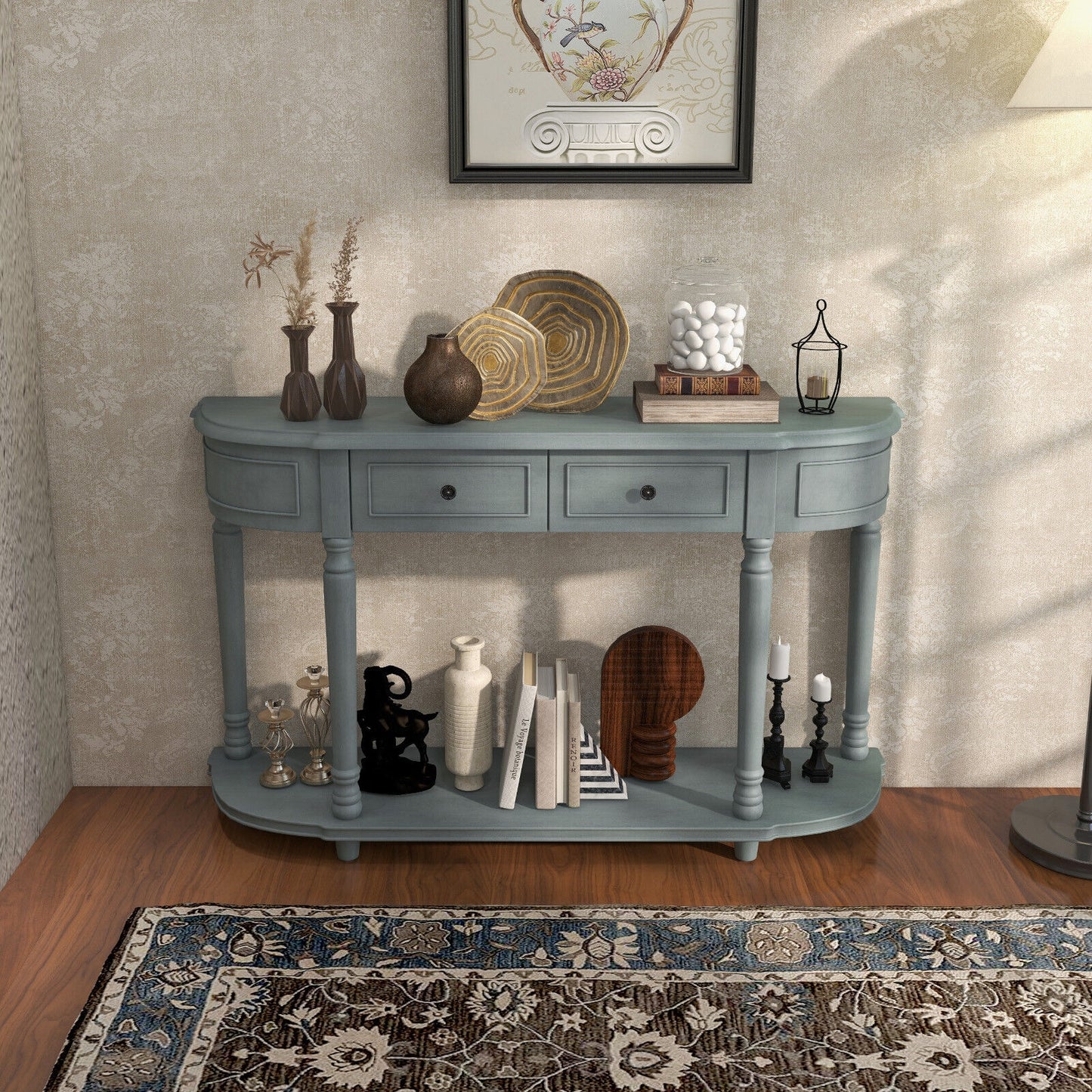 52 Inch Retro Console Table with 2 Drawers and Open Shelf Entryway Sofa Table-Blue Kids Crystal