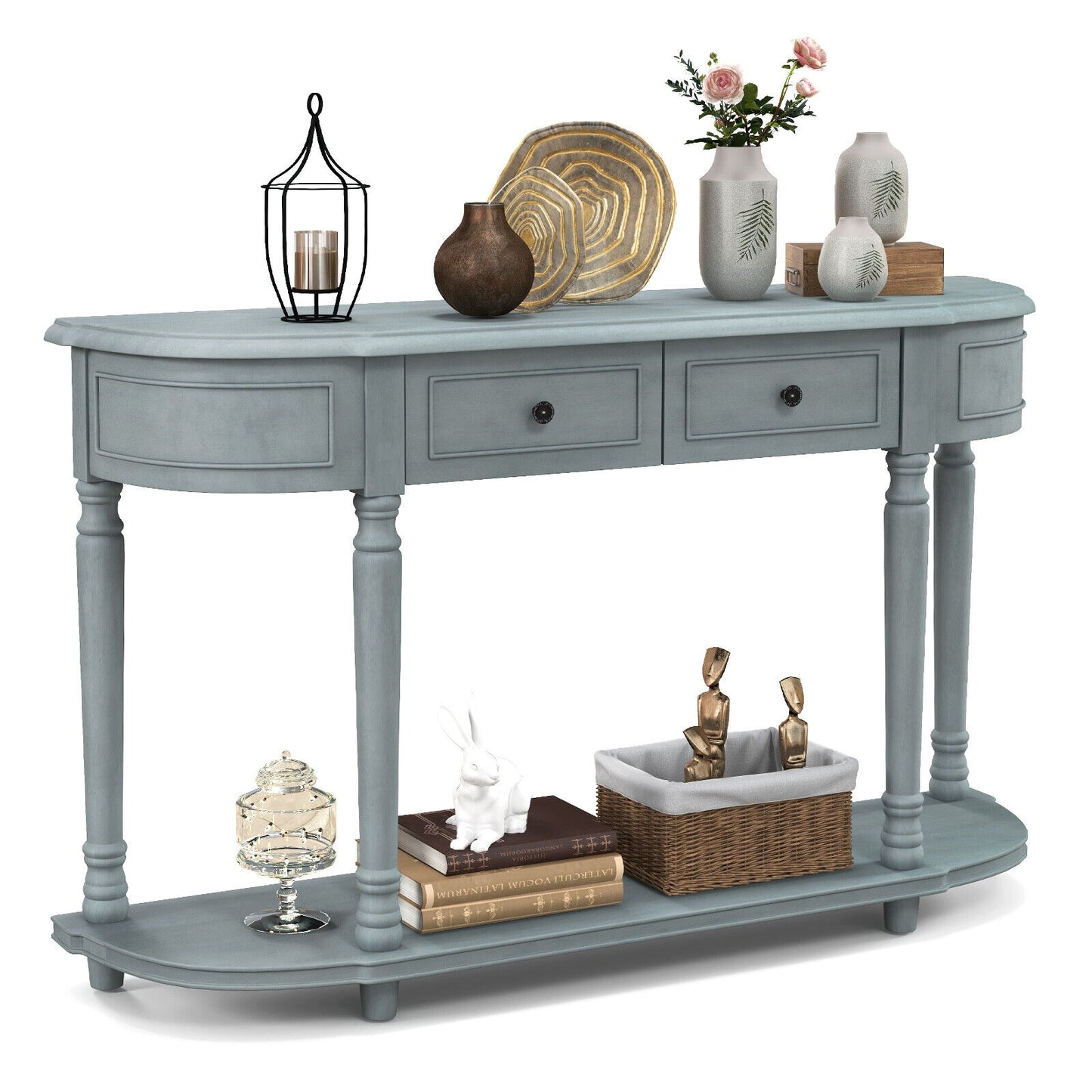 52 Inch Retro Console Table with 2 Drawers and Open Shelf Entryway Sofa Table-Blue Kids Crystal
