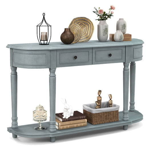 52 Inch Retro Console Table with 2 Drawers and Open Shelf Entryway Sofa Table-Blue Kids Crystal