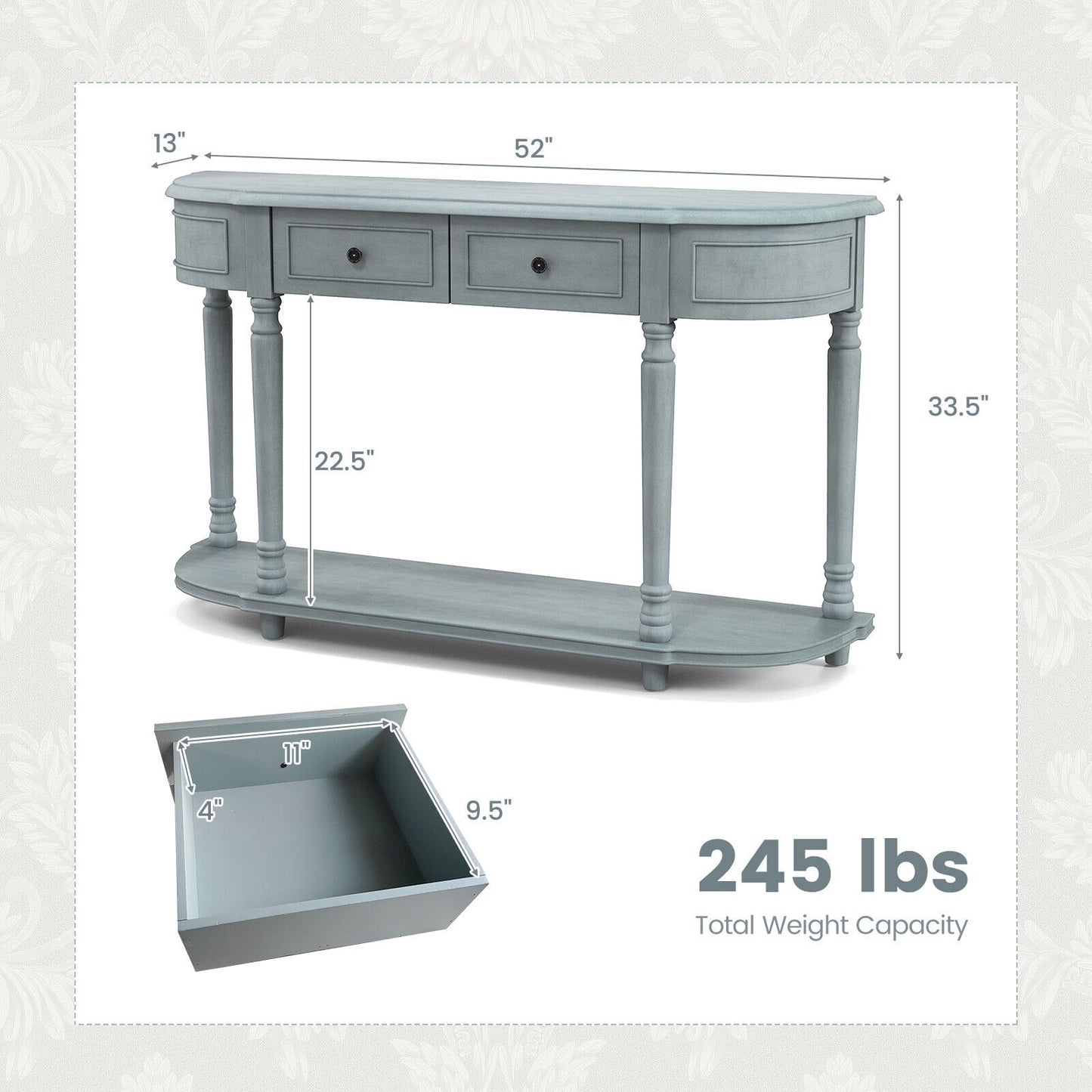 52 Inch Retro Console Table with 2 Drawers and Open Shelf Entryway Sofa Table-Blue Kids Crystal