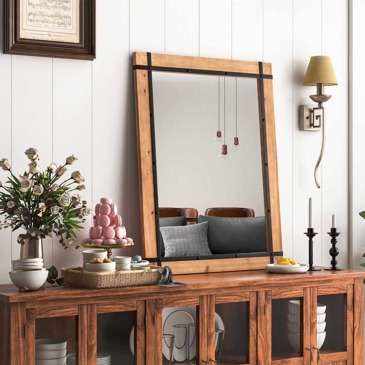 30 x 40 Inch Wall Mounted Mirror with Fir Wood Frame-Natural Kids Crystal